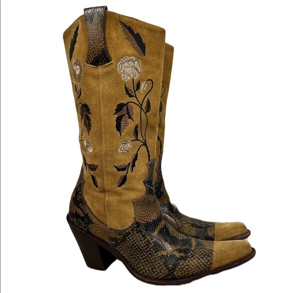 Antonio Melani Brown Suede and Snakeskin Floral Embroidery Heeled Cowboy Boots - Picture 1 of 16